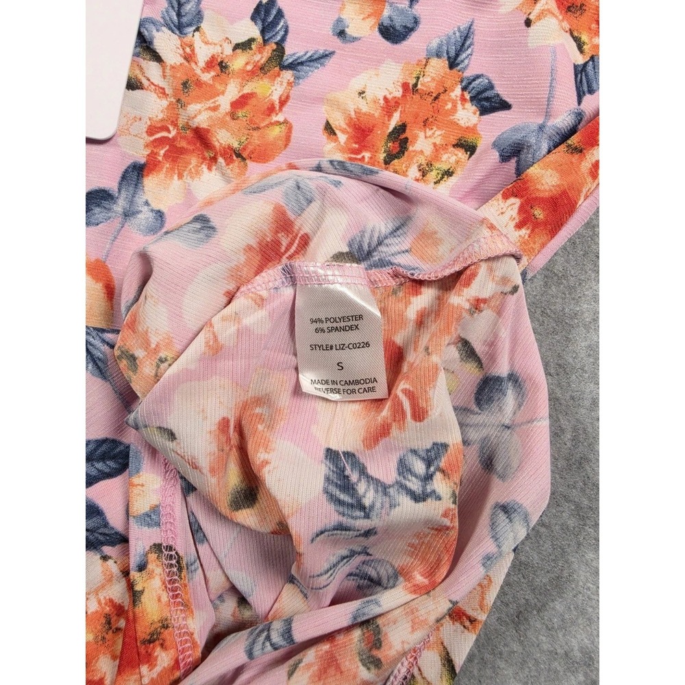 Dear Scarlett Womens Pink Orange Floral Split Neck 3/4 Roll Tab Sleeve Blouse M - Picture 4 of 5